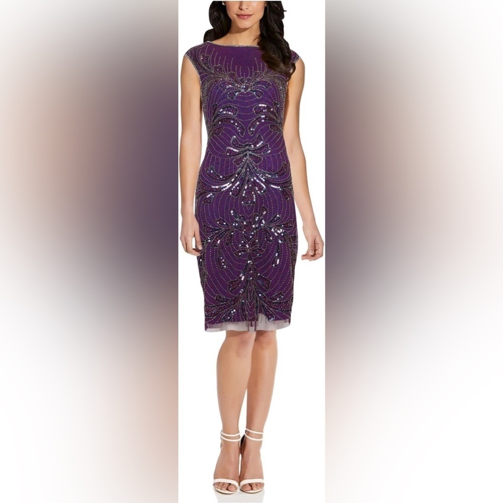NWT Adriana Papell Purple Beaded Sequin Knee Length Dress size 2
